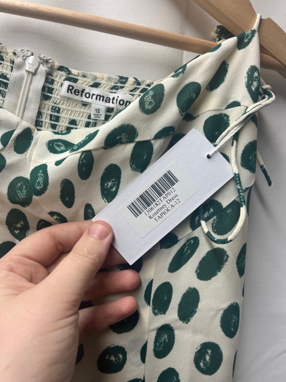 Reformation Green White Dot Adjustable Tie Strap Tapioca Kourtney Slip Dress- 12 - Picture 7 of 8